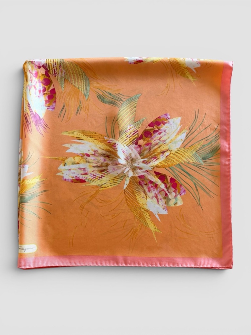 Salvatore Ferragamo Silk Scarf Orange Floral Print Square 34โ